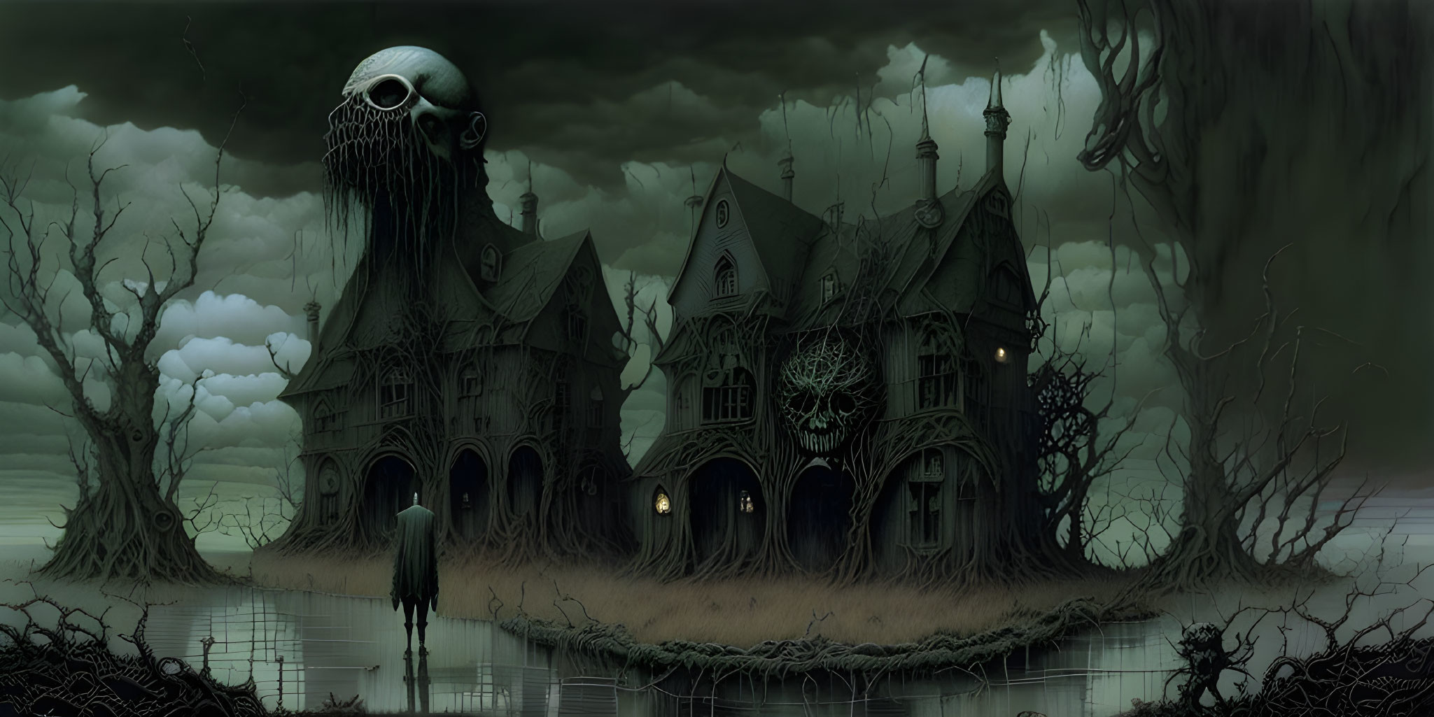 Eerie haunted mansion with skull, figure, and spooky trees