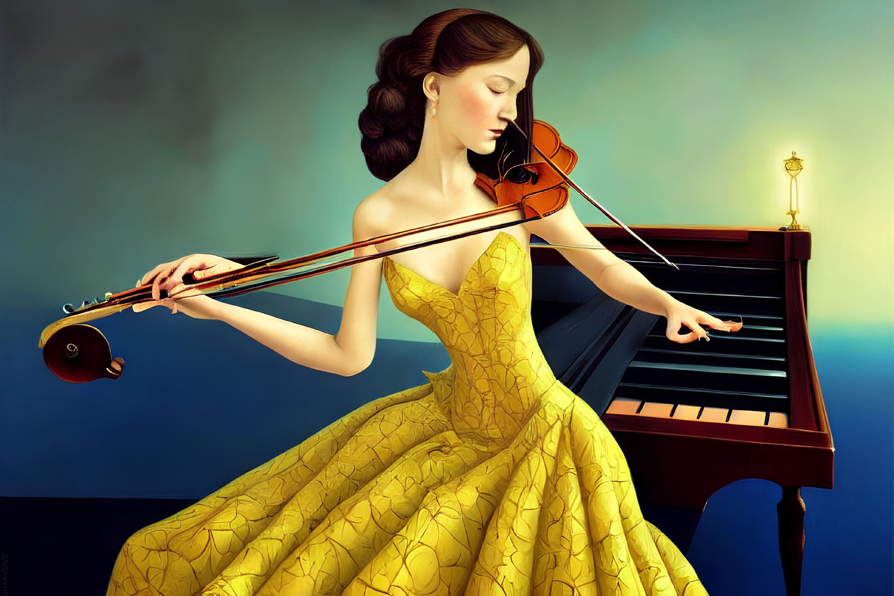 Woman in Yellow Dress Playing Violin with Piano on Blue Background