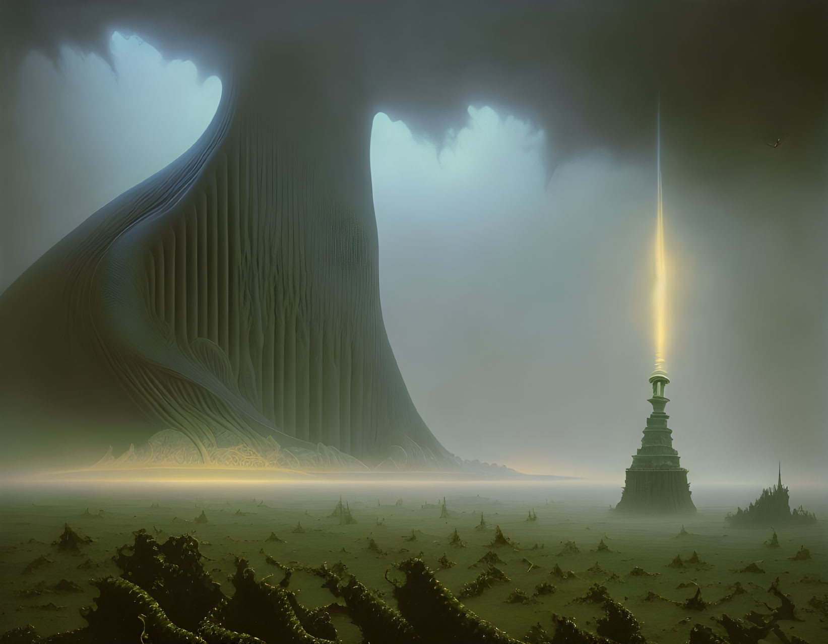 Surreal landscape with wave-like structure and lighthouse in desolate field