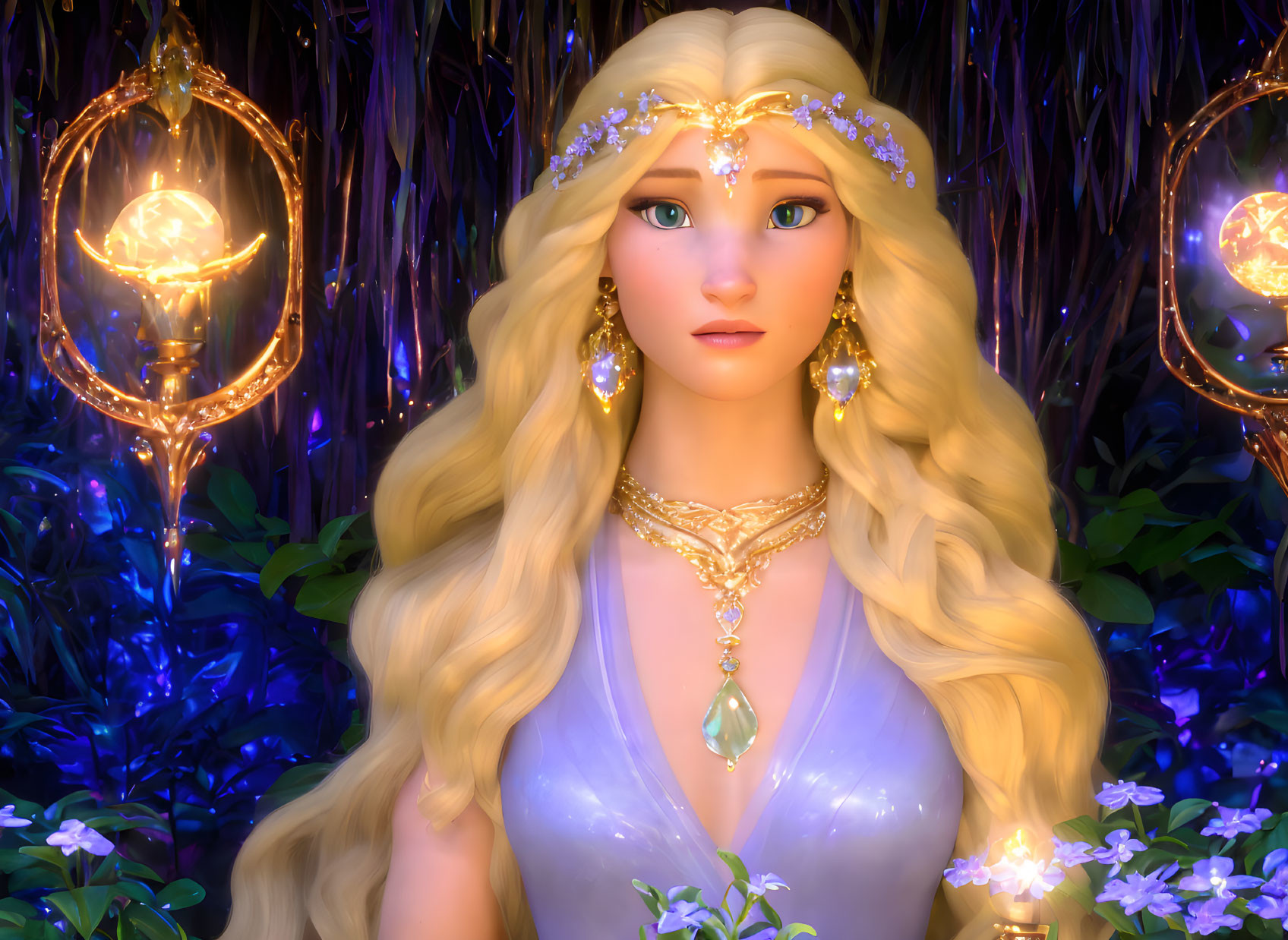 Blonde-haired animated character in magical forest with tiara