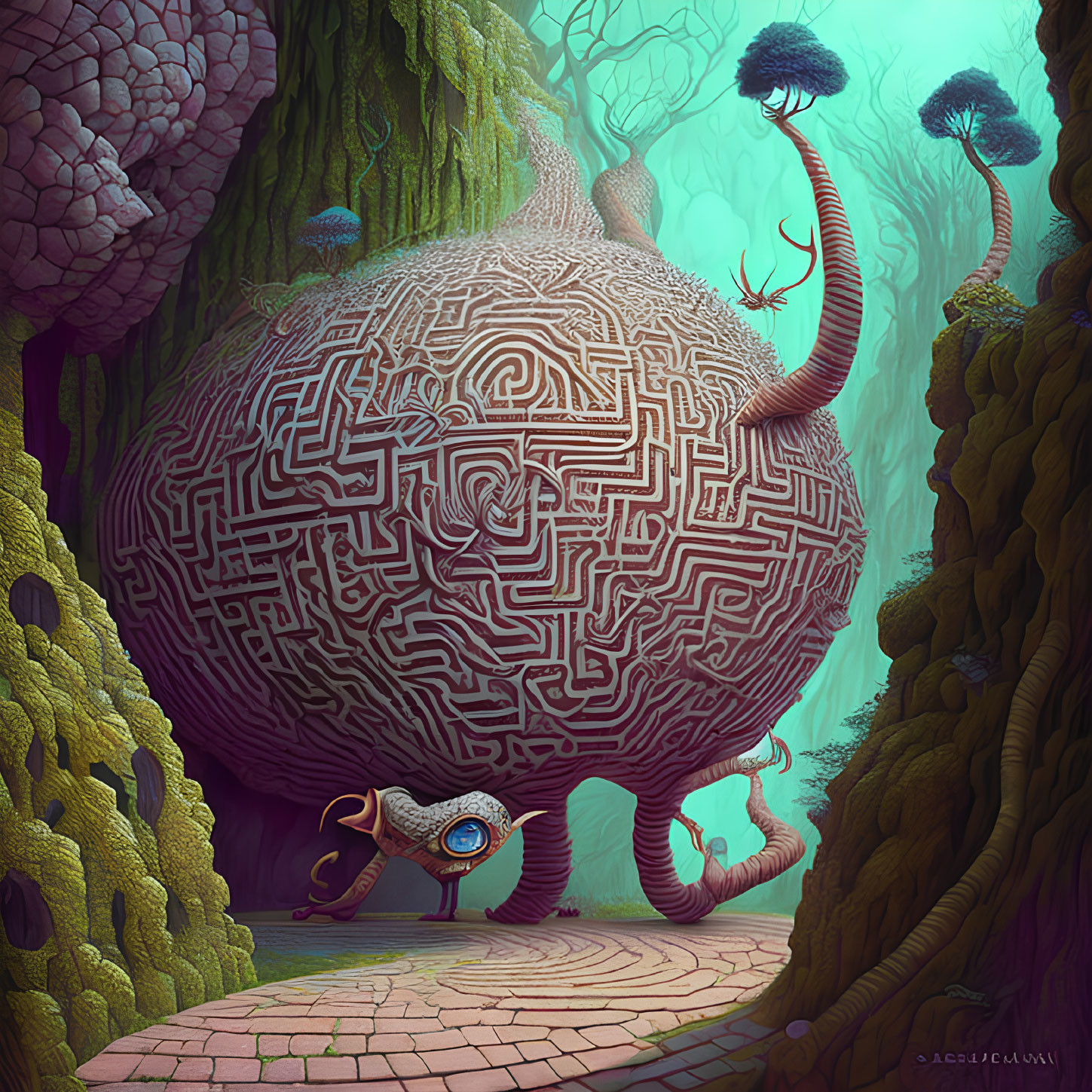 Surreal forest with maze-like sphere, vein-textured tree trunks, and character with staff