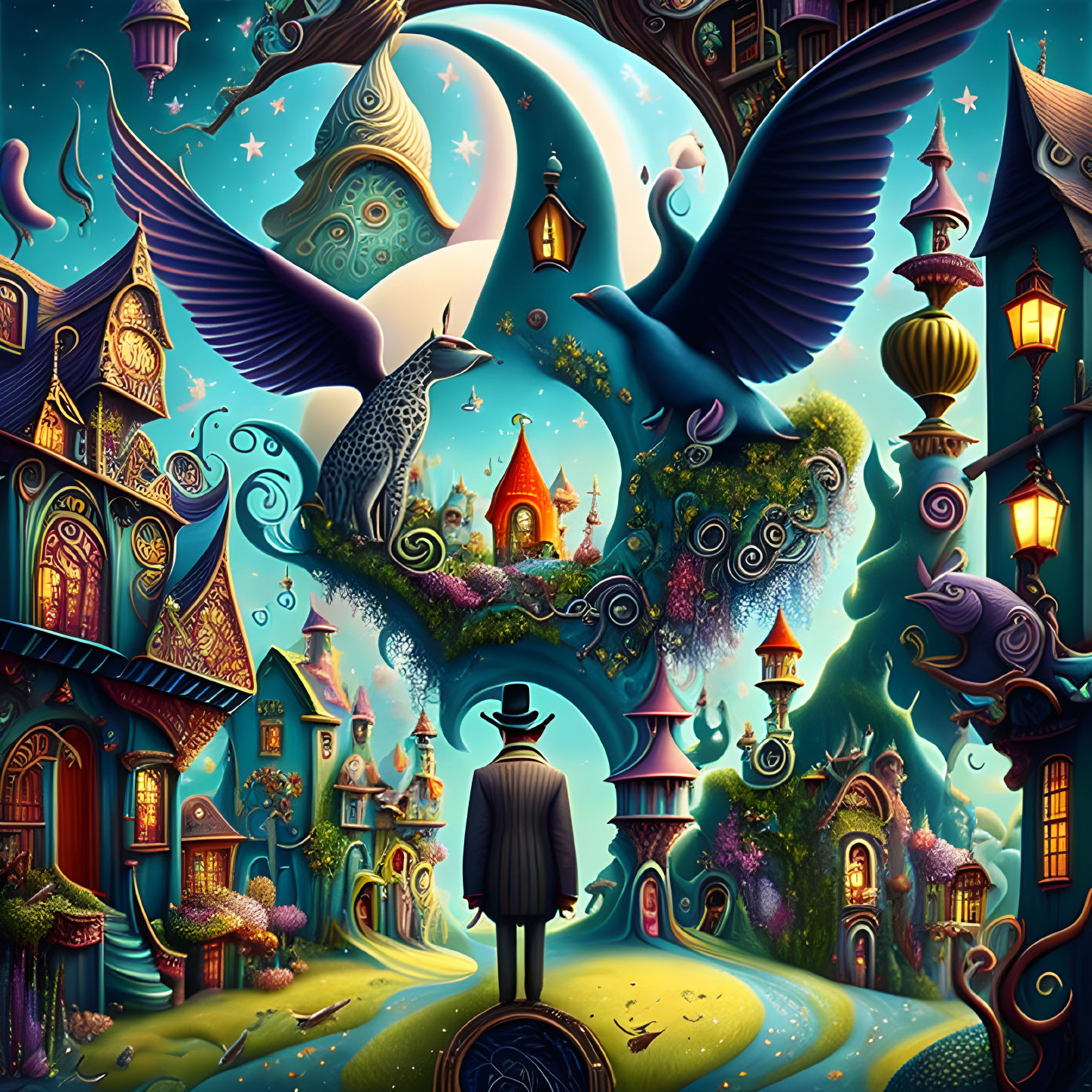 Colorful fantasy art: Figure in hat, whimsical buildings, celestial sky, moons, and mythical