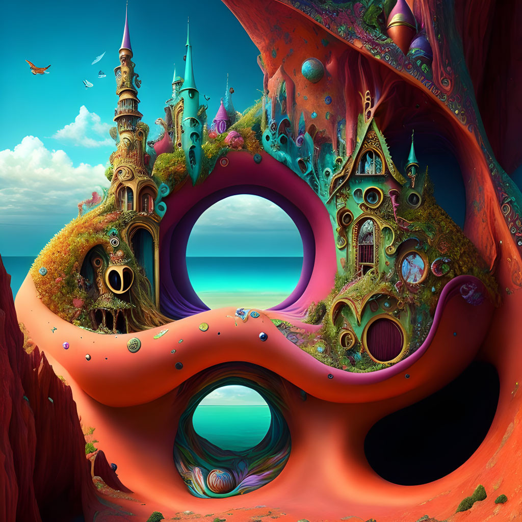 Fantastical landscape with whimsical castles and surreal colors.