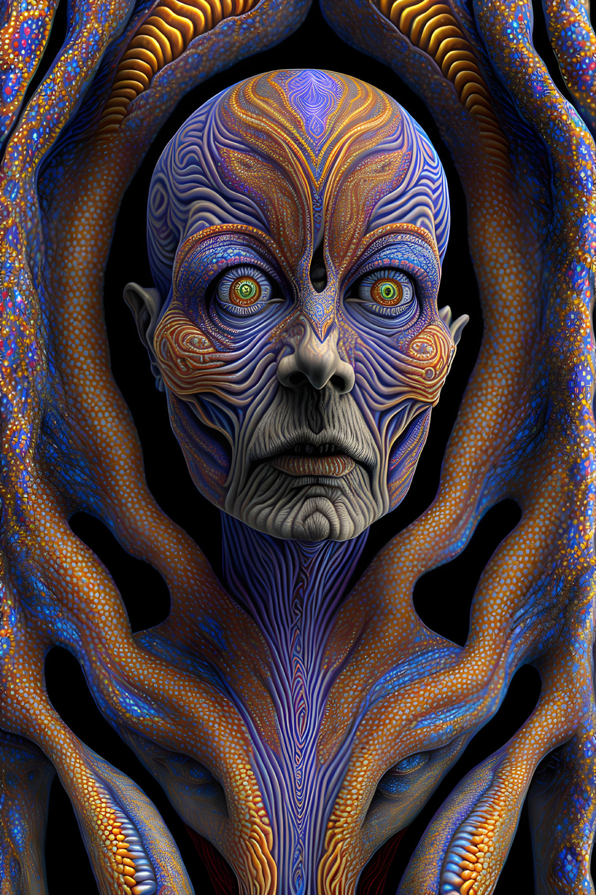 Surreal alien face with tentacle-like structures and intricate blue and orange patterns