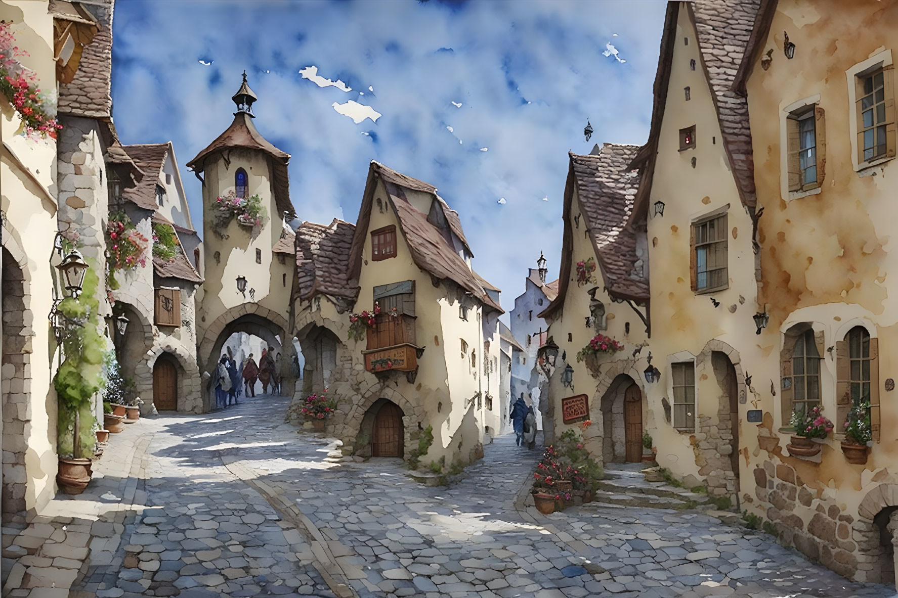 Quaint European village: Cobblestone street, old-world architecture