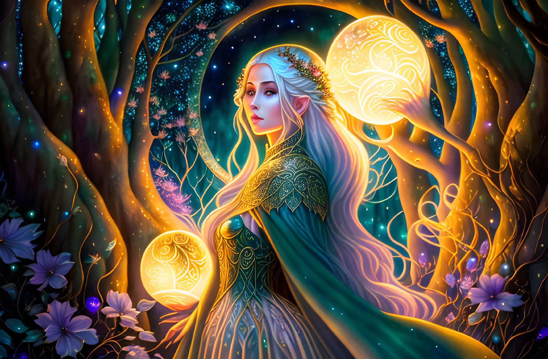 Mystical elven woman surrounded by orbs, stars, and trees in a night sky