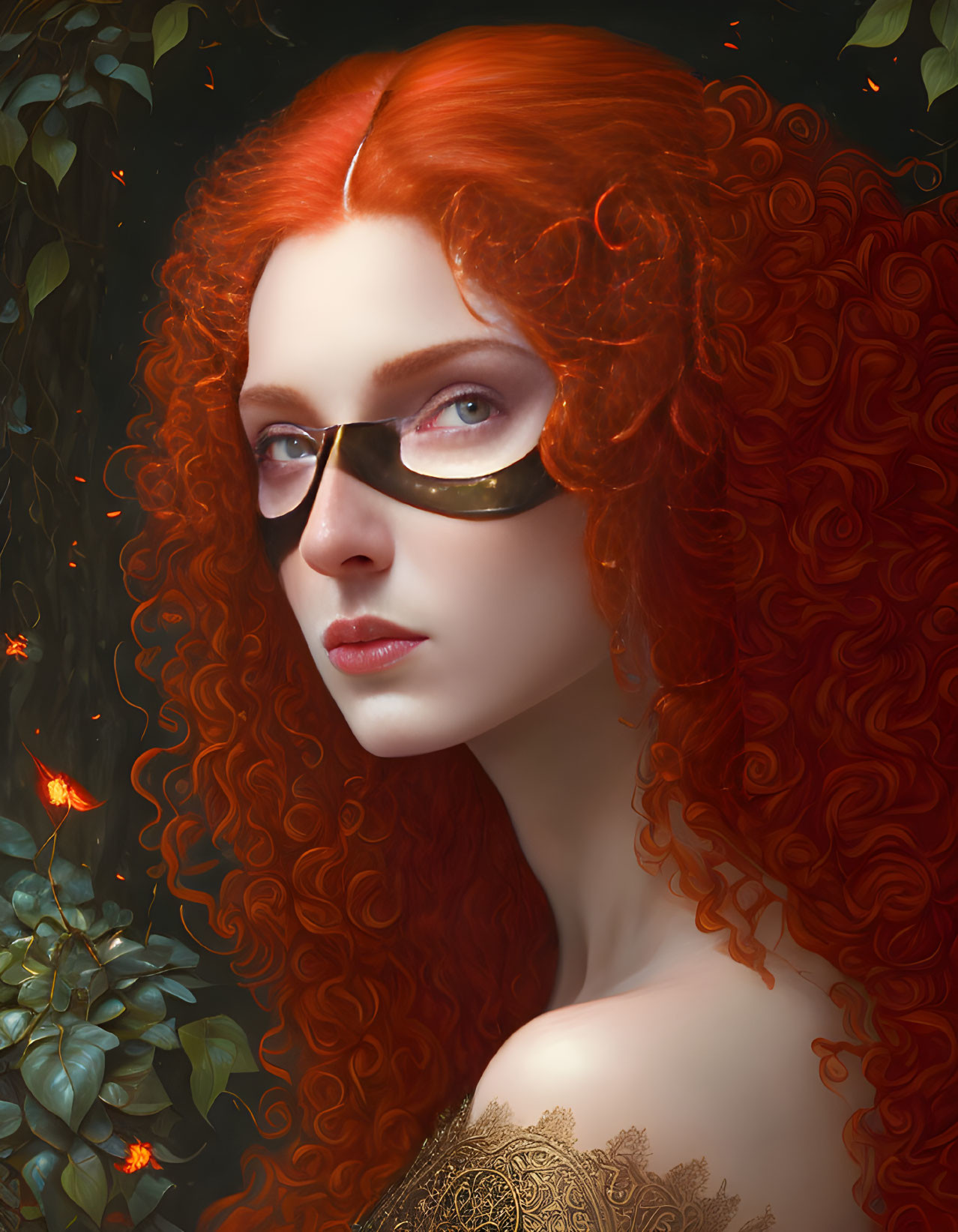 Fiery red-haired woman with blue eyes in black eye mask in dark greenery