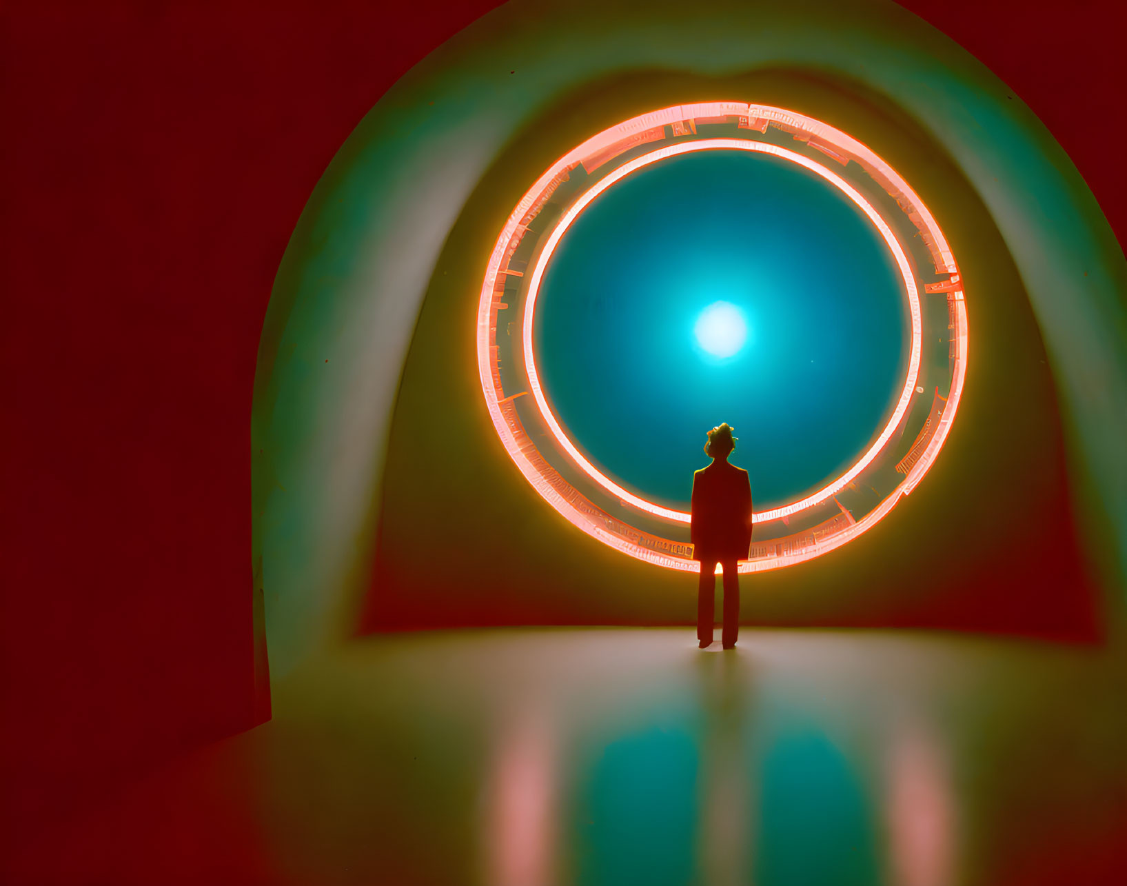 Silhouette of person in neon-lit tunnel with circular patterns