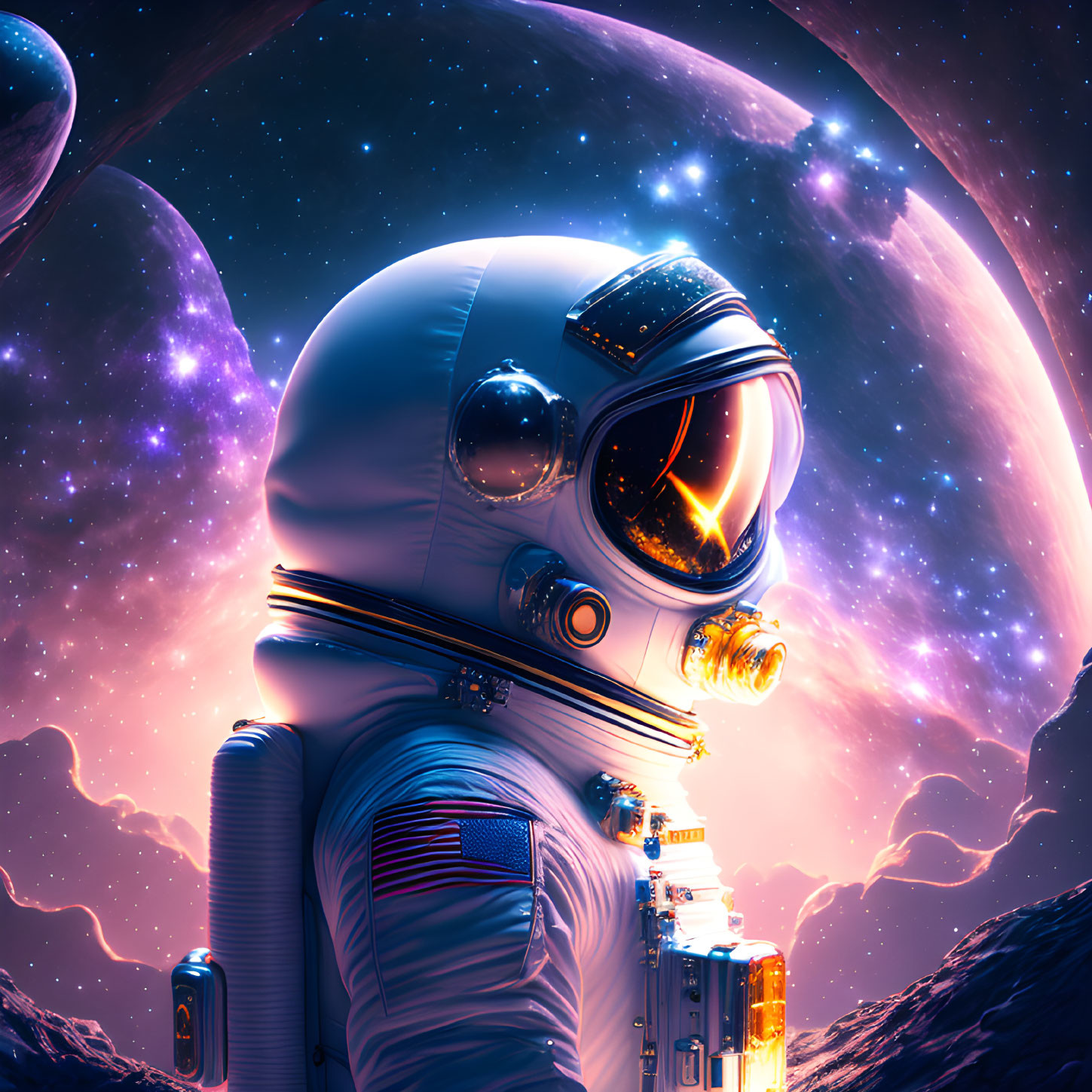 Astronaut with reflective helmet on alien surface with purple planet and stars