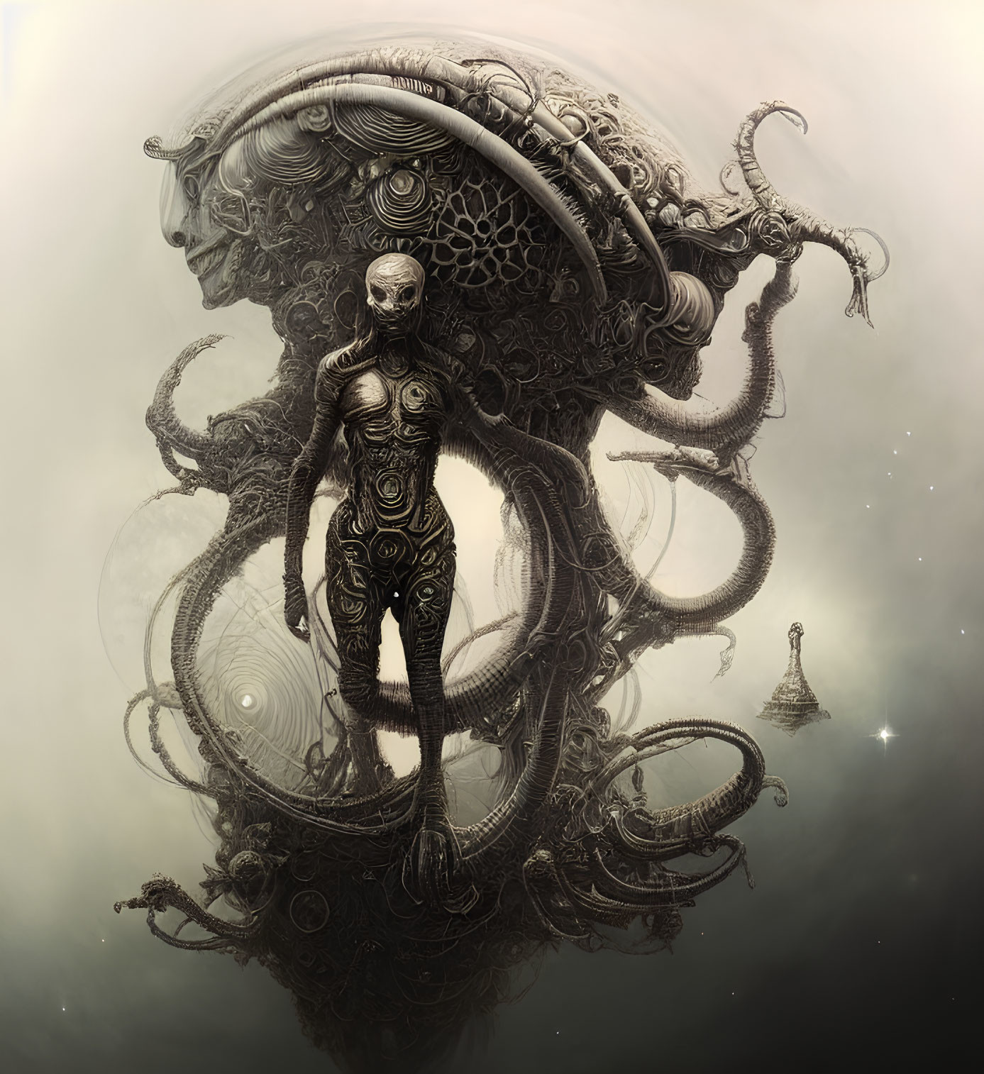 Ethereal humanoid figure with intricate patterns and swirling tentacles in misty setting