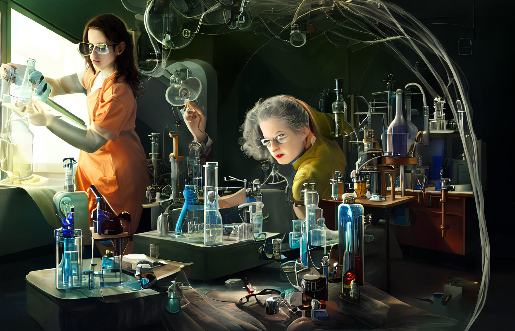 Women working with glassware and chemicals in advanced laboratory