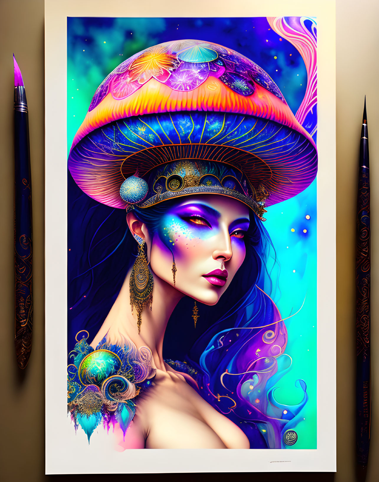 Colorful woman with cosmic mushroom hat & gold jewelry