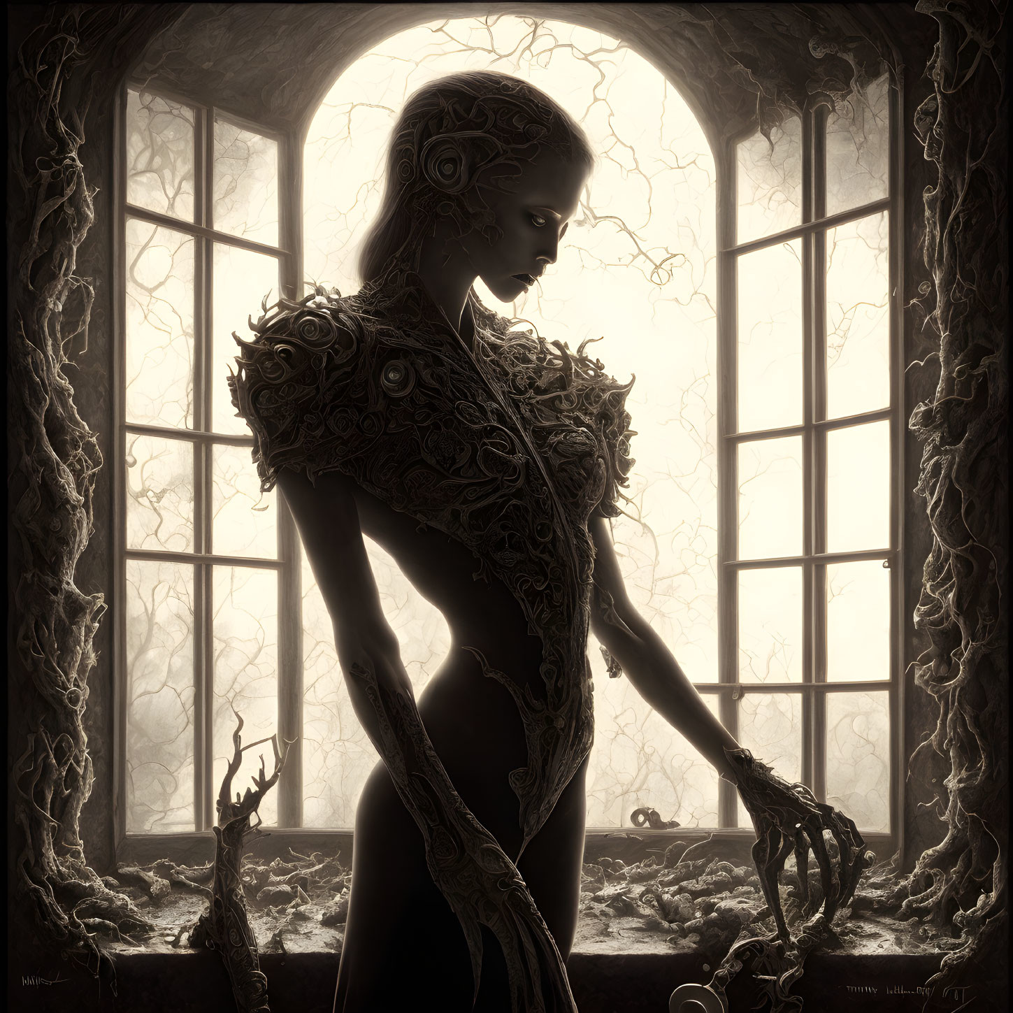 Ethereal female figure by gothic window with intricate shadows