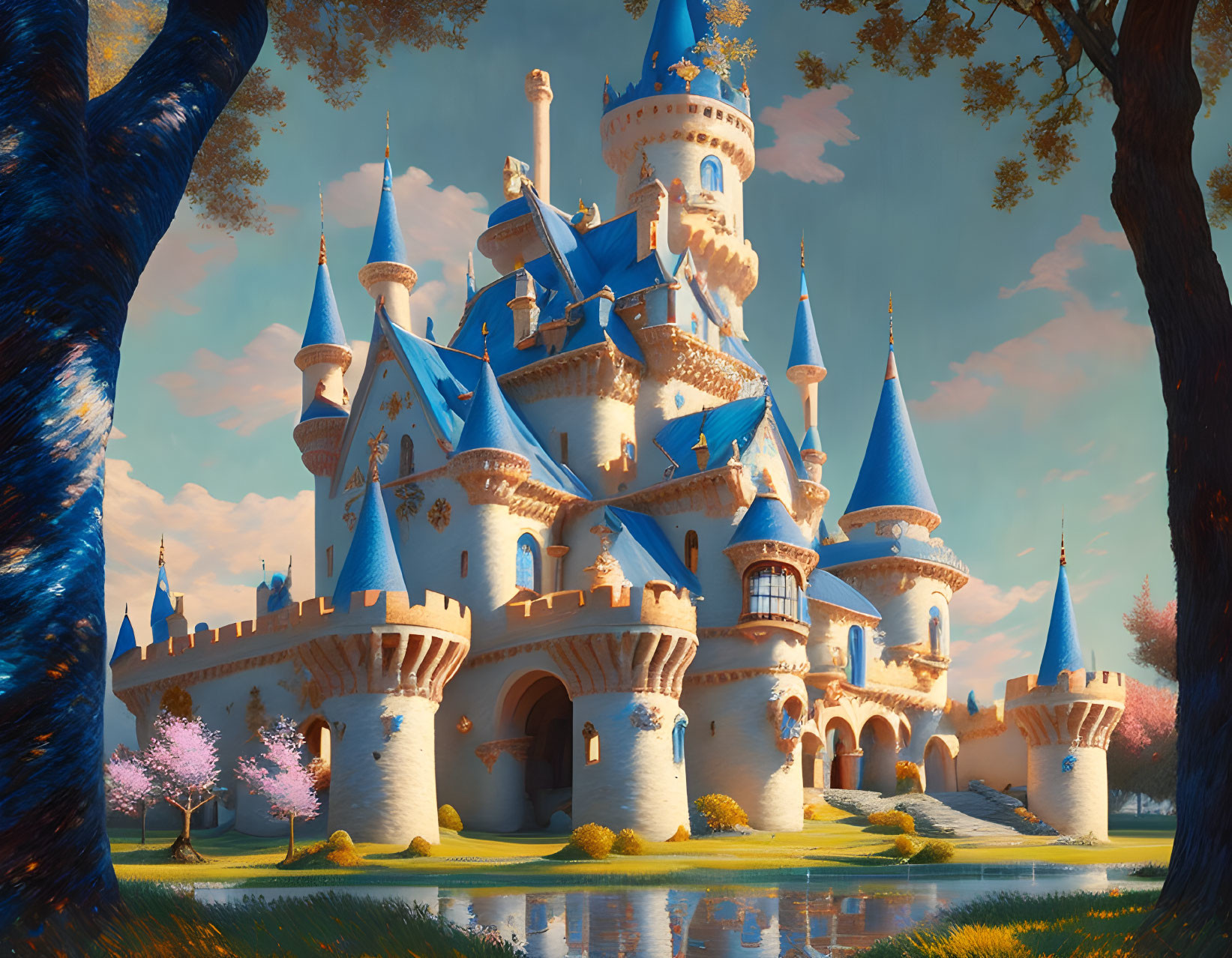 Majestic castle with spires and blue rooftops in serene landscape