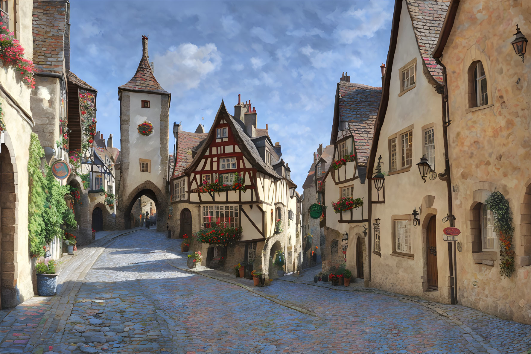 Picturesque European Medieval Village Street with Cobblestone Roads