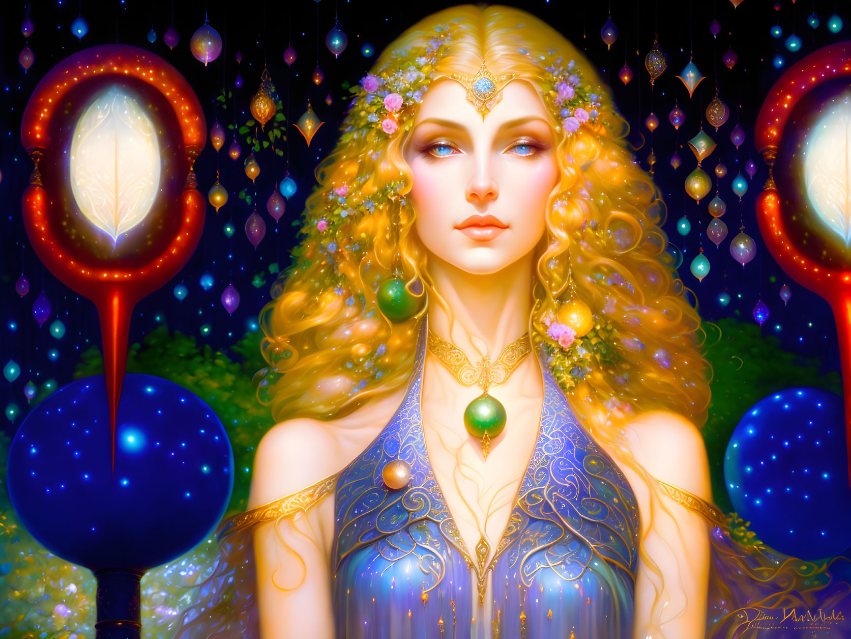 Golden-haired woman adorned with flowers and jewelry in a mystical setting.