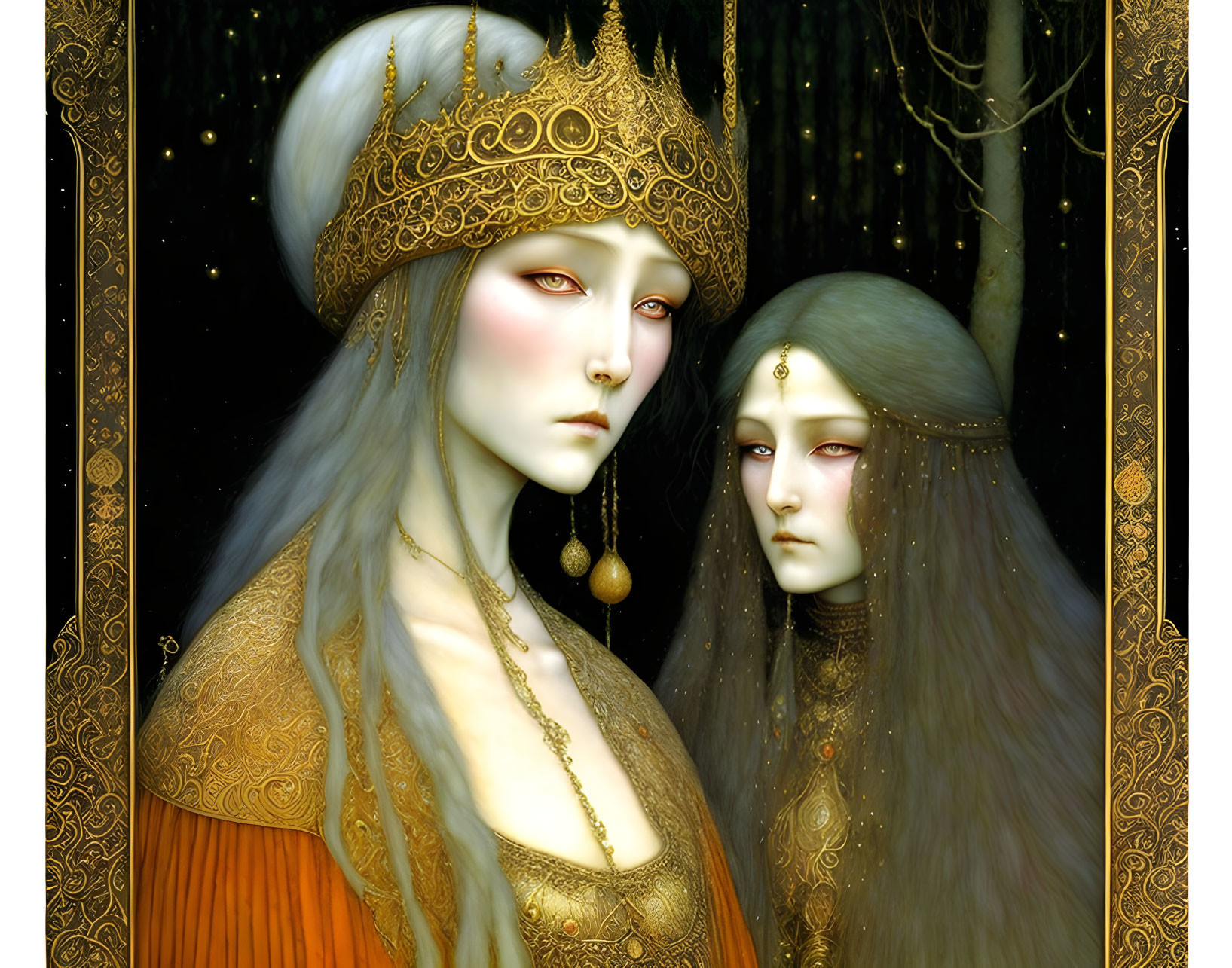 Ethereal figures with golden headpieces in mystical forest.