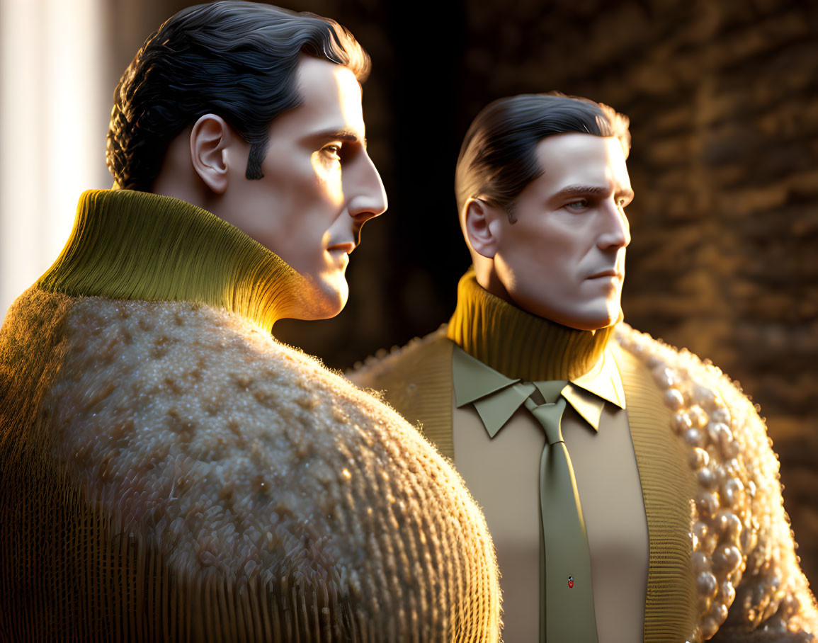 Stylized male figures in knit sweaters: mustard and beige, side profile.