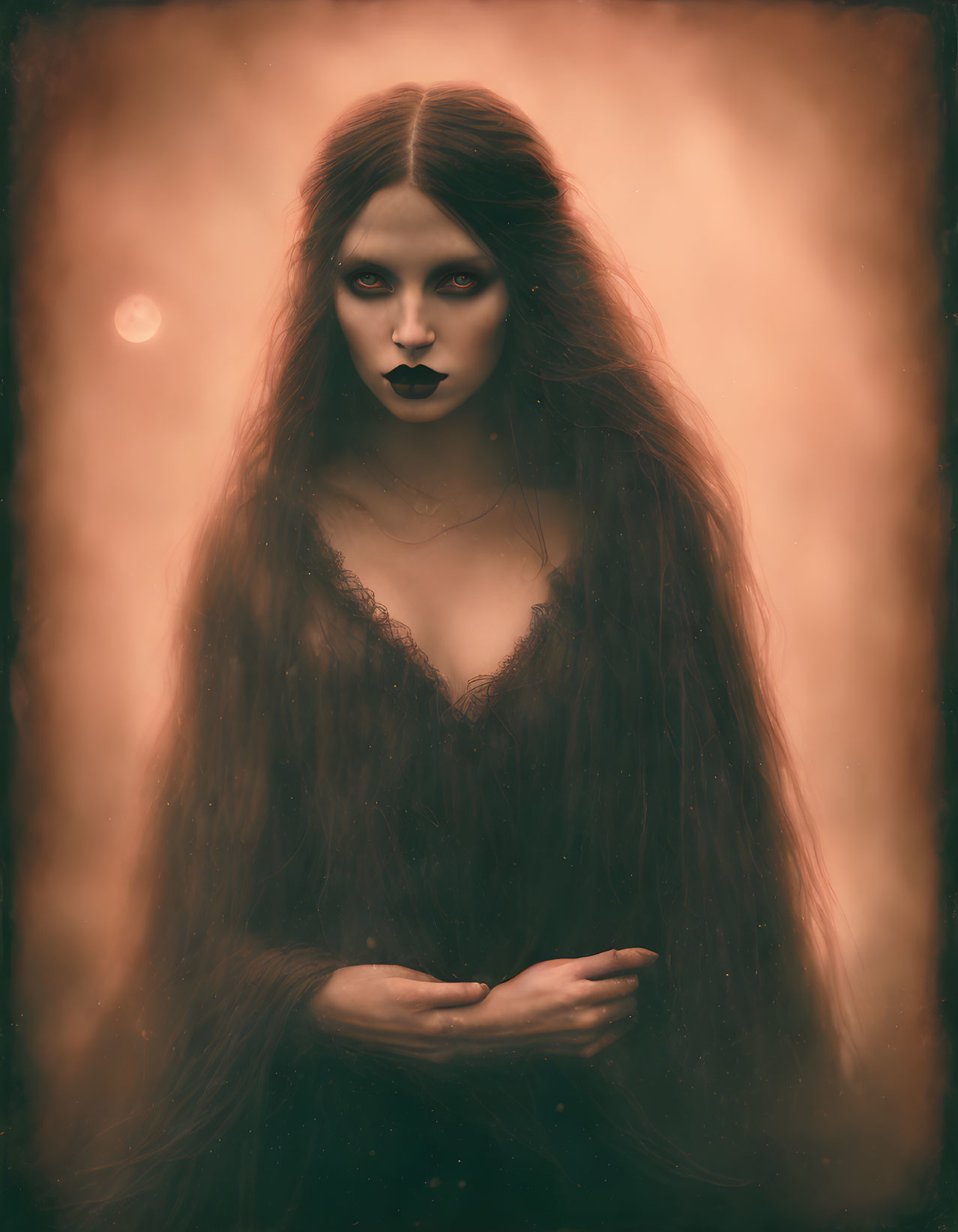 Woman with dark makeup and long hair in eerie gothic setting.