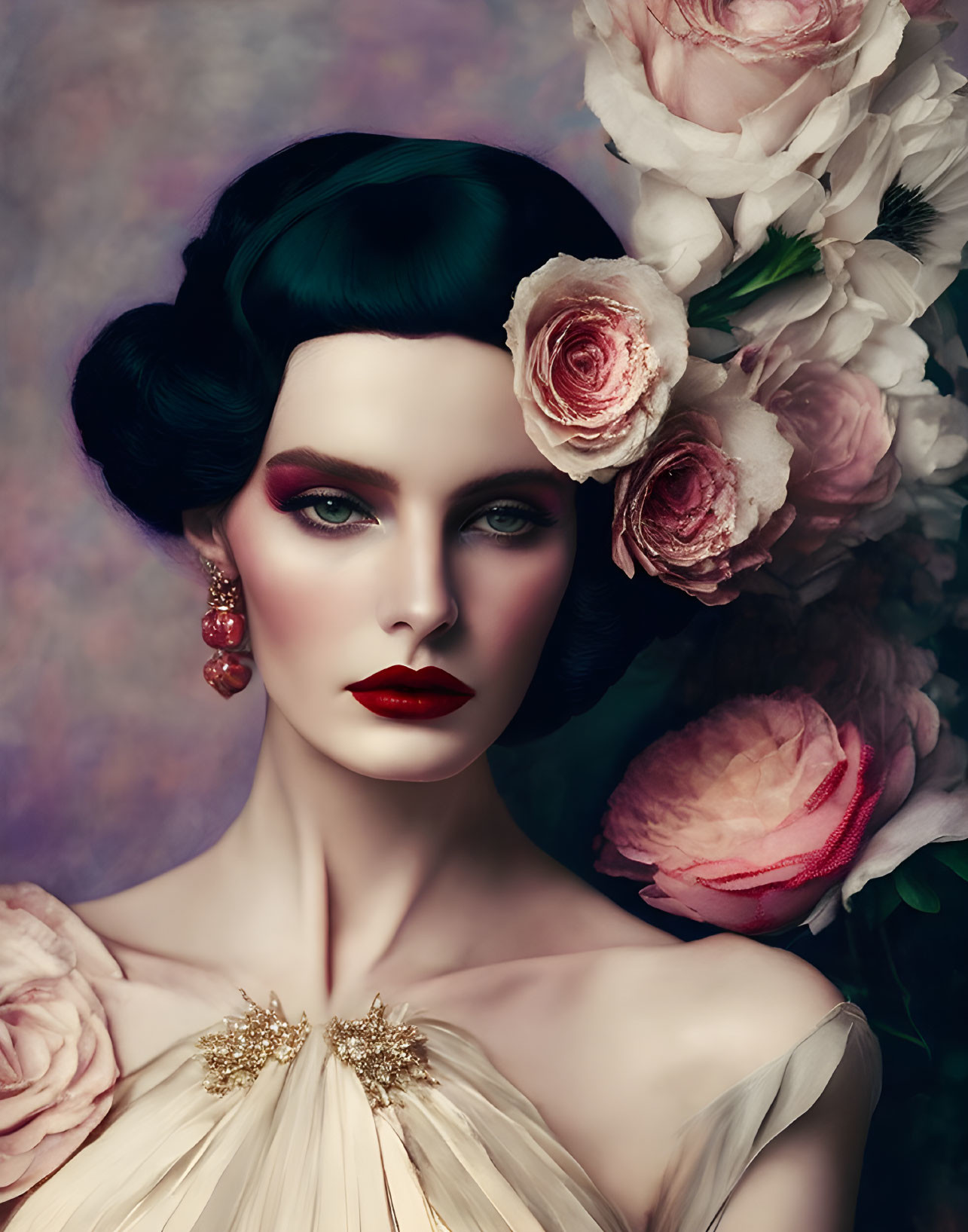 Vintage-inspired woman with red lipstick and dramatic eye makeup among pink and white flowers