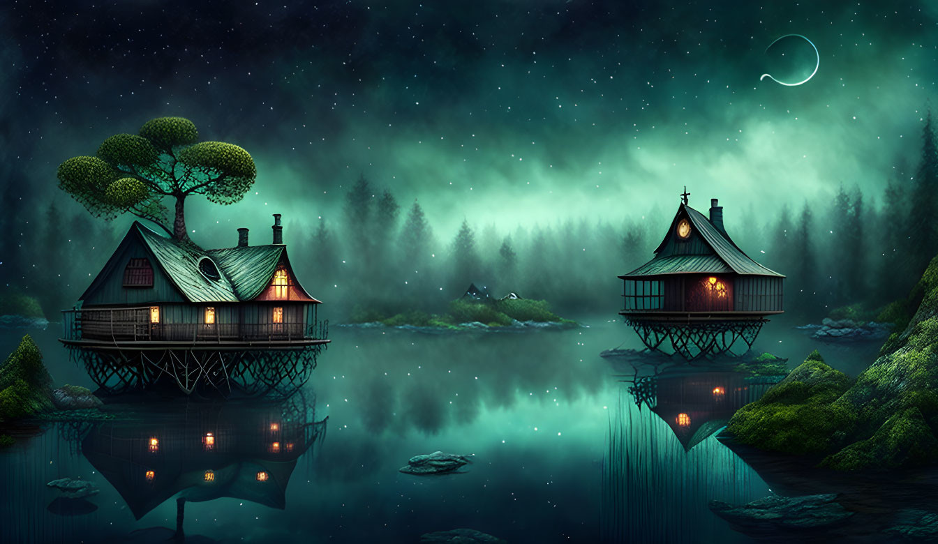 Starry sky over two houses on stilts by a serene lake