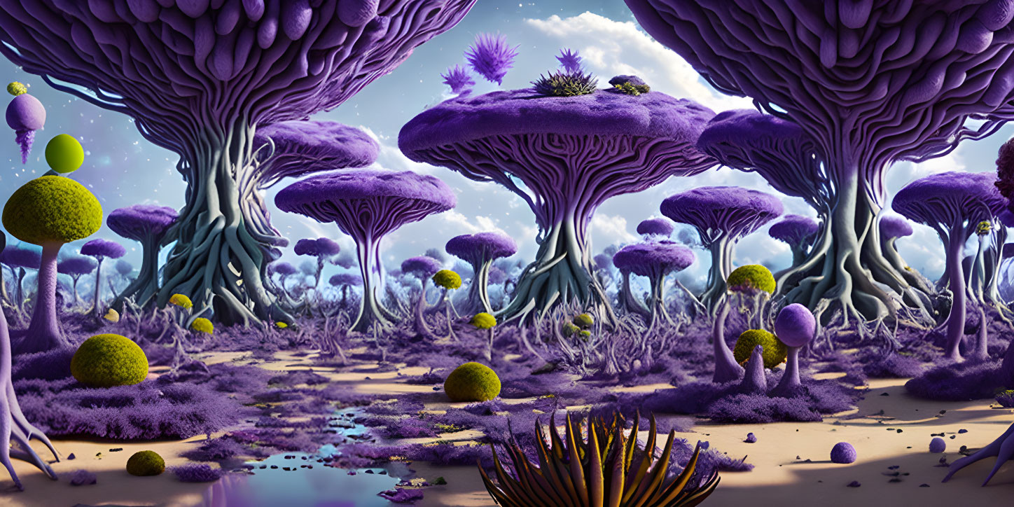 Vibrant fantasy landscape with oversized purple mushroom trees and spherical plants