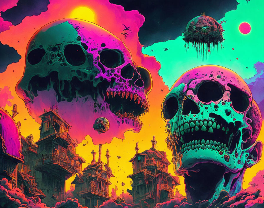 Psychedelic skull illustration with neon sky and celestial bodies