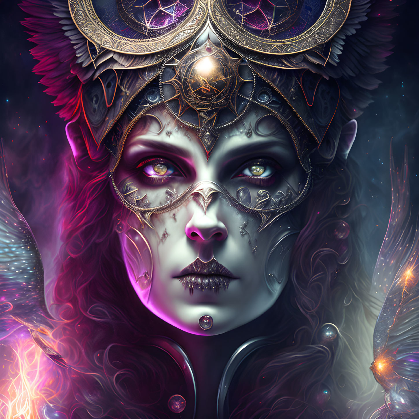 Fantasy illustration of woman with purple eyes and mystical symbols, surrounded by glowing elements and butterflies