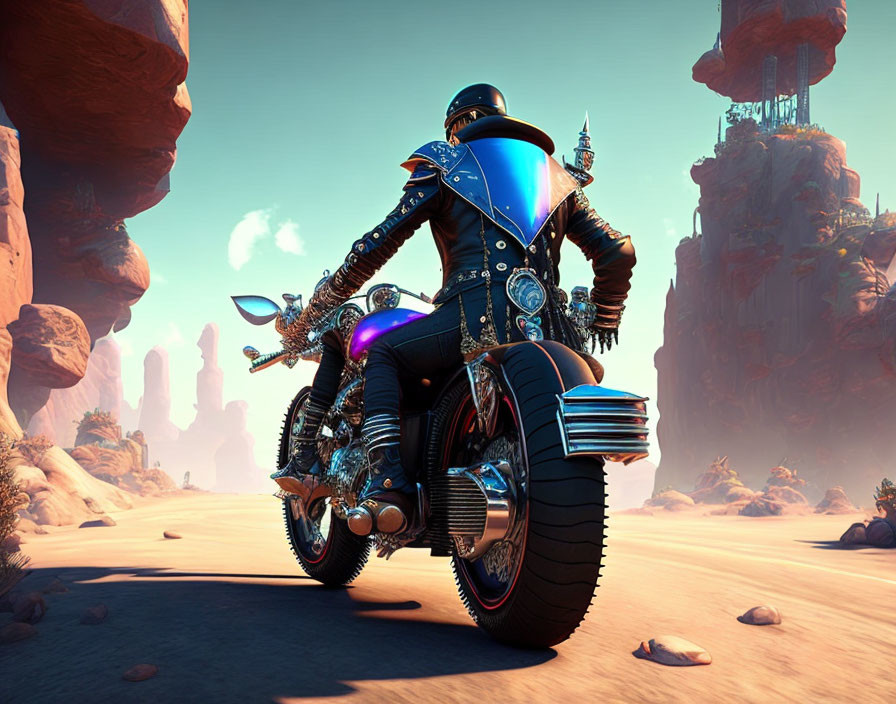 Futuristic motorcyclist in armored suit rides through barren desert