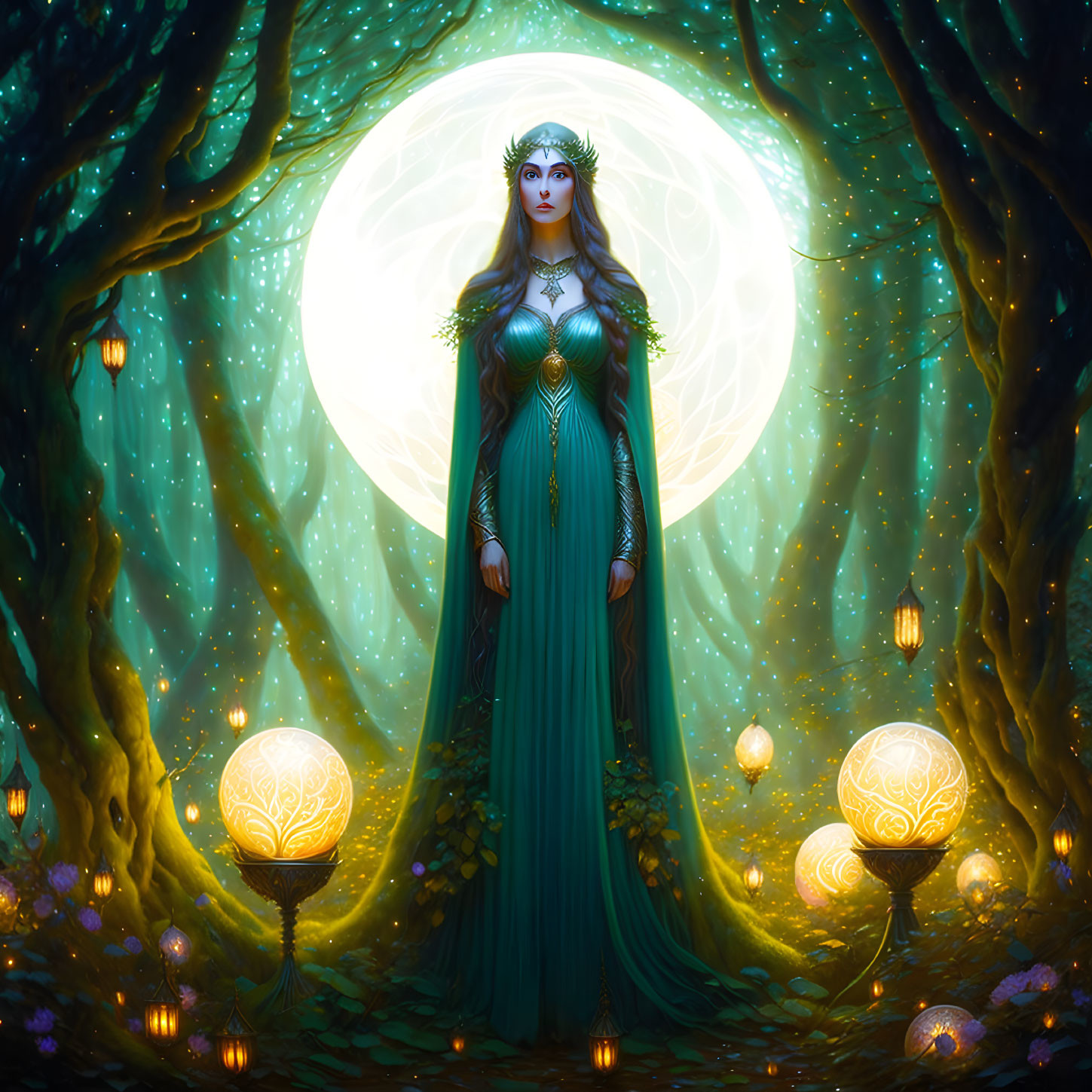 Regal woman in mystical forest under full moon