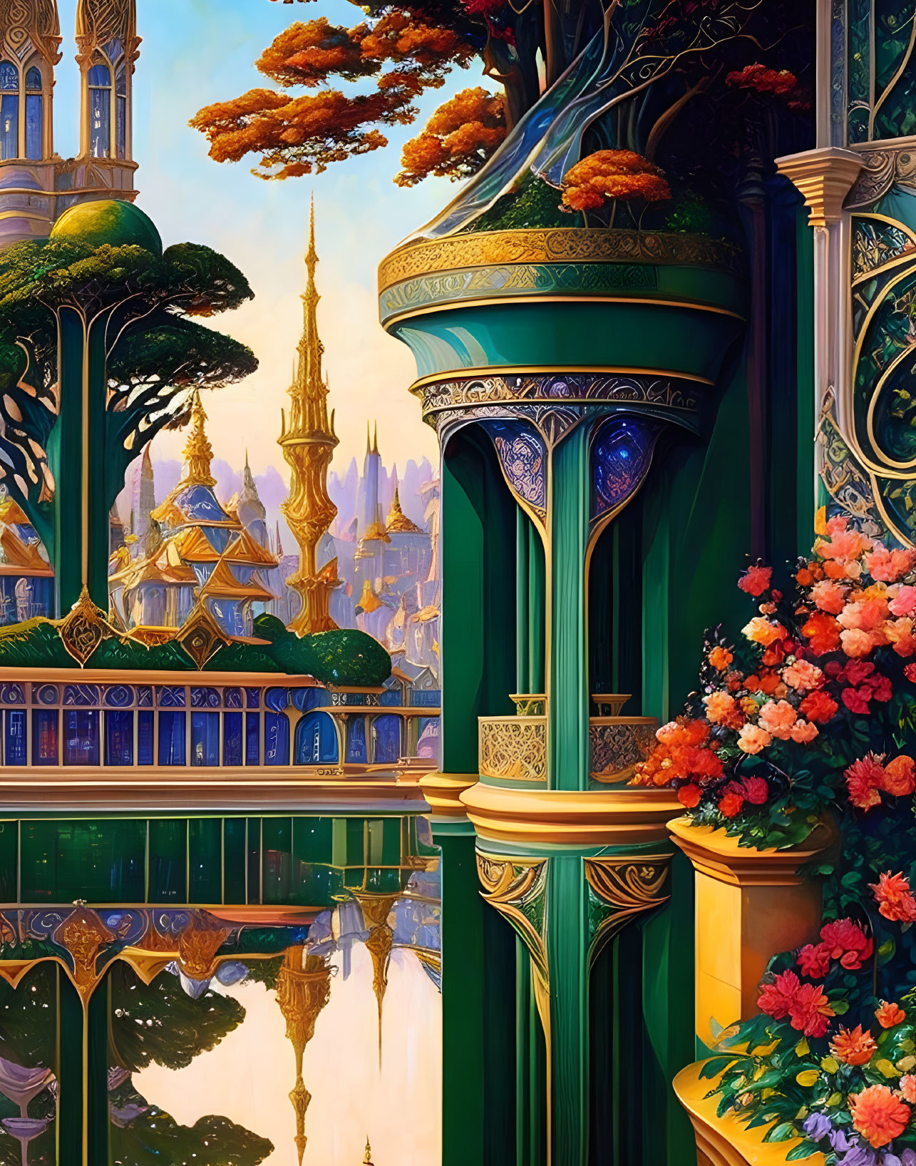 Fantasy palace with reflective water and vibrant flowers