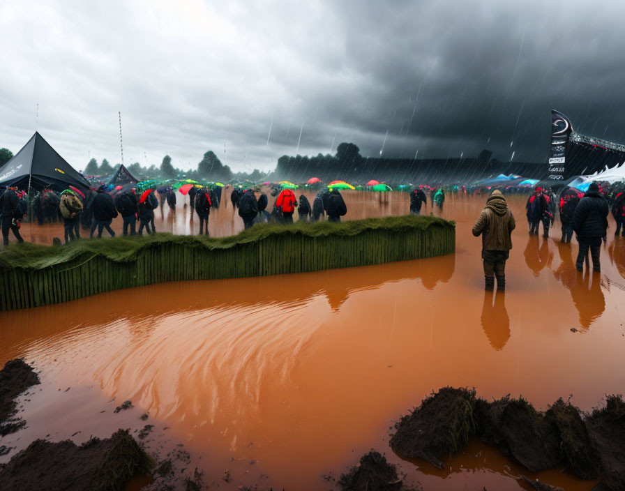 Crowd with umbrellas at rainy outdoor event