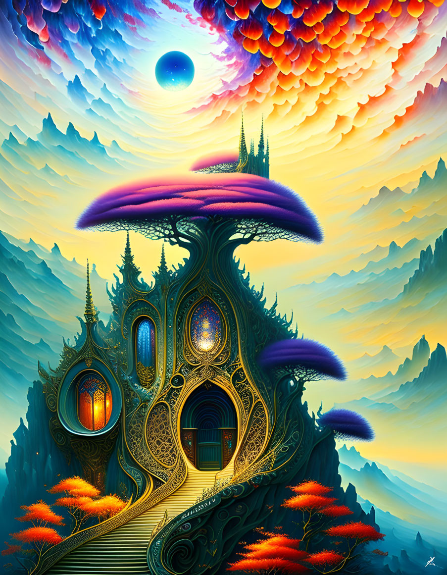 Colorful Fantasy Landscape with Mushroom Building and Blue Moon