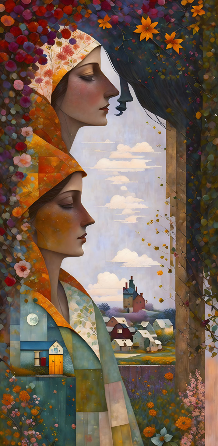 Illustration of two women in profile with floral border & village scene