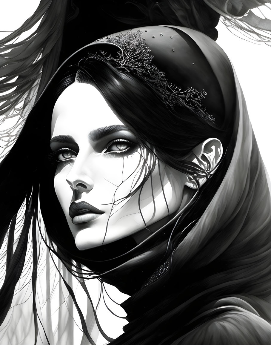 Monochrome digital artwork of a woman with long hair and dark lips