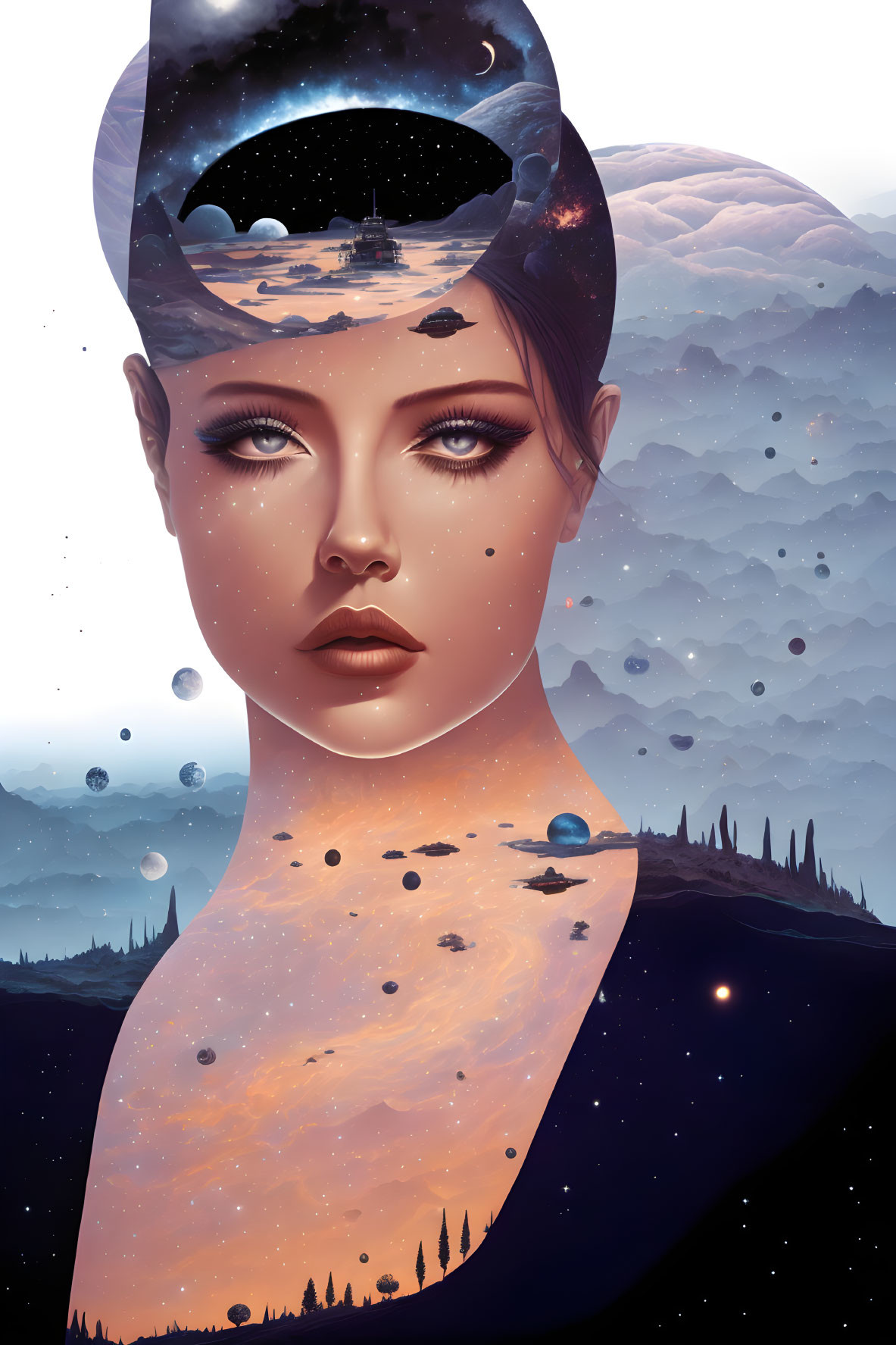 Woman's portrait merges with cosmic elements in surreal art