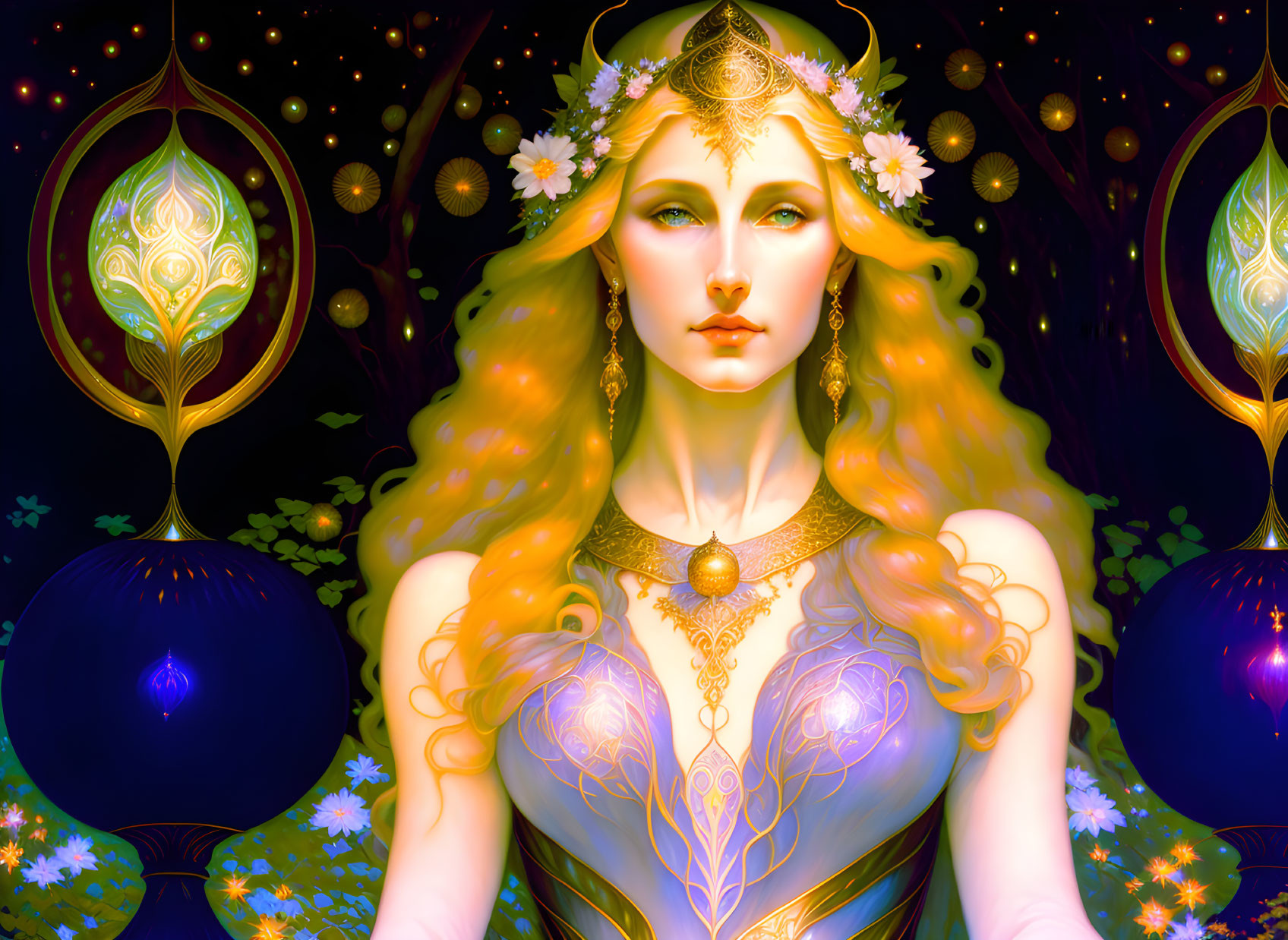 Golden-haired elf queen in enchanted forest with glowing trees & flowers