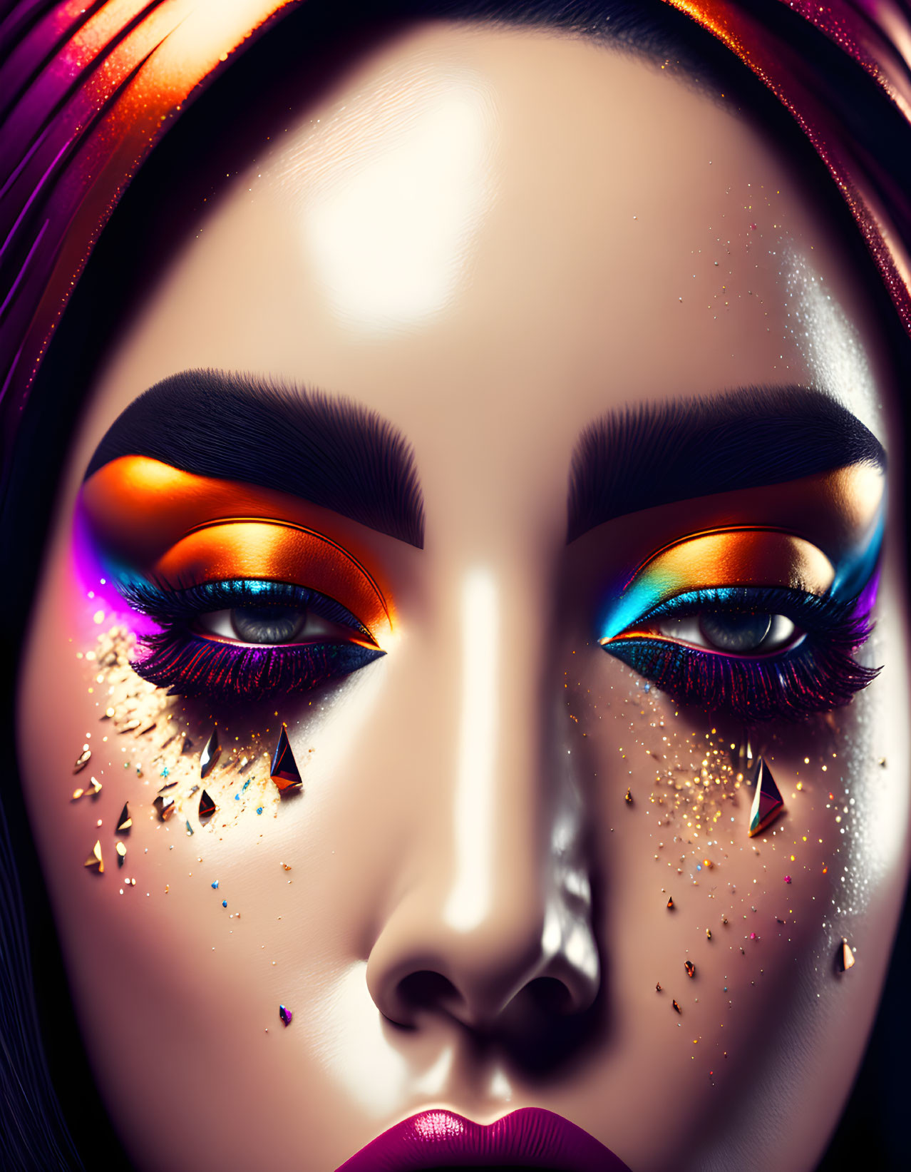 Detailed Stylized Female Face with Orange and Blue Eyeshadow