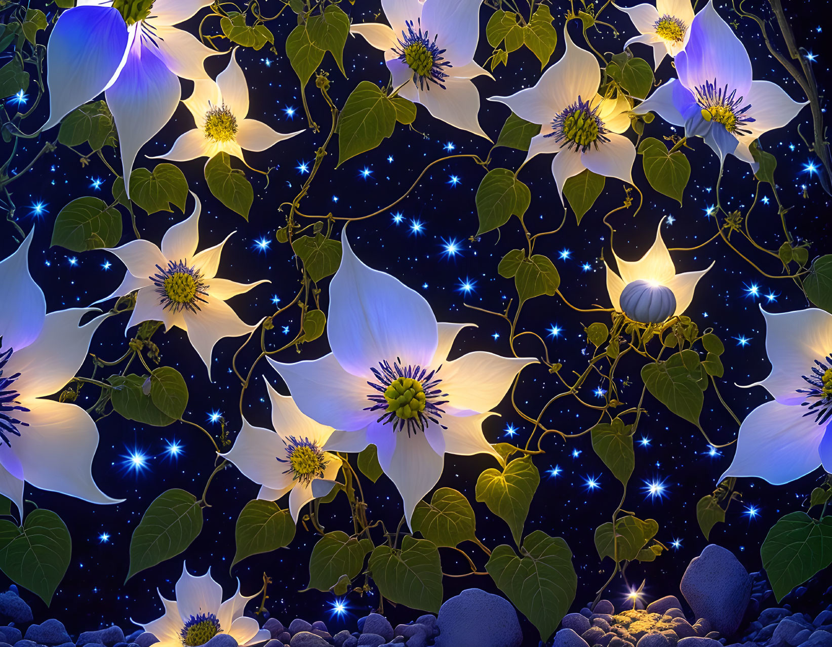 White Flowers and Vines Among Stars in Night Sky