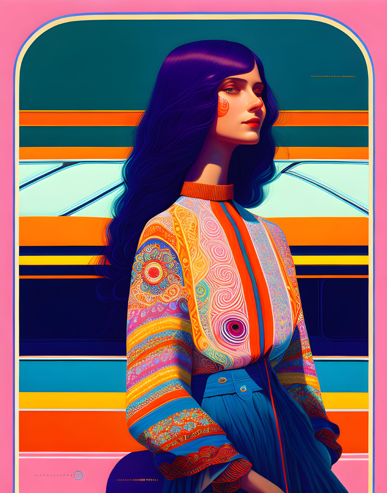 Colorful retro outfit woman with long wavy hair on striped background