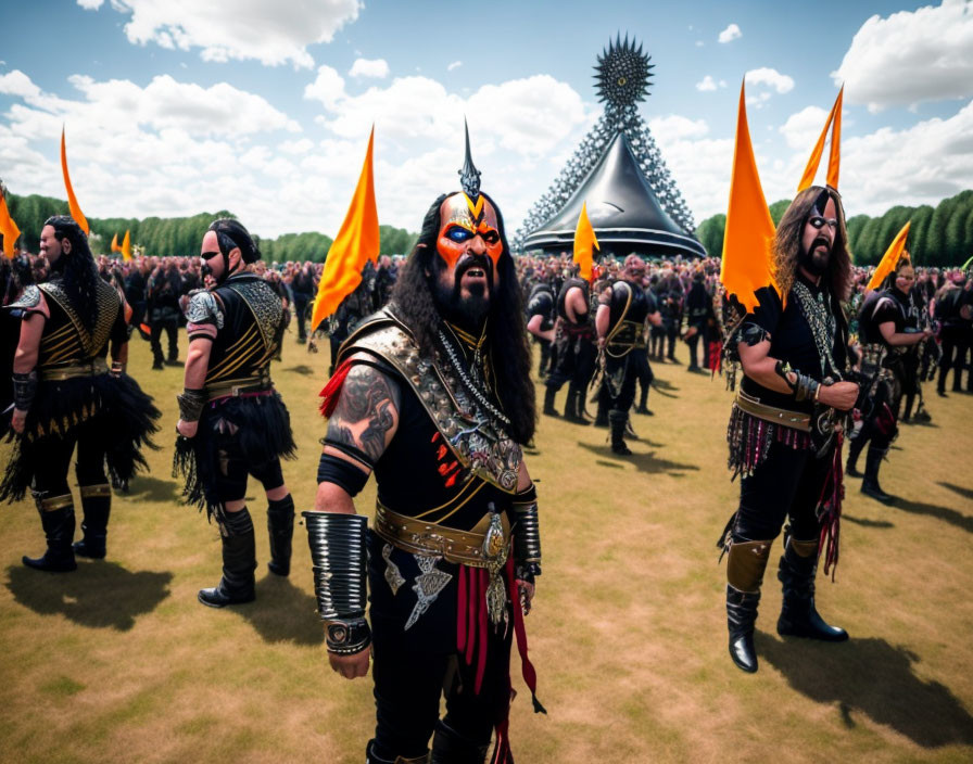 Warrior-themed costumes with flags at outdoor event with metallic structure