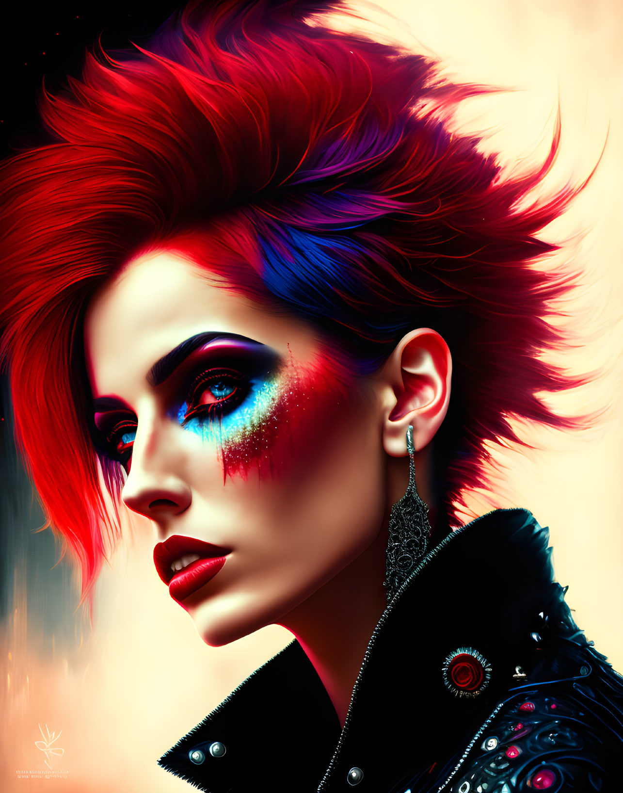 Colorful digital portrait featuring person with red and blue hair and intense blue eyes