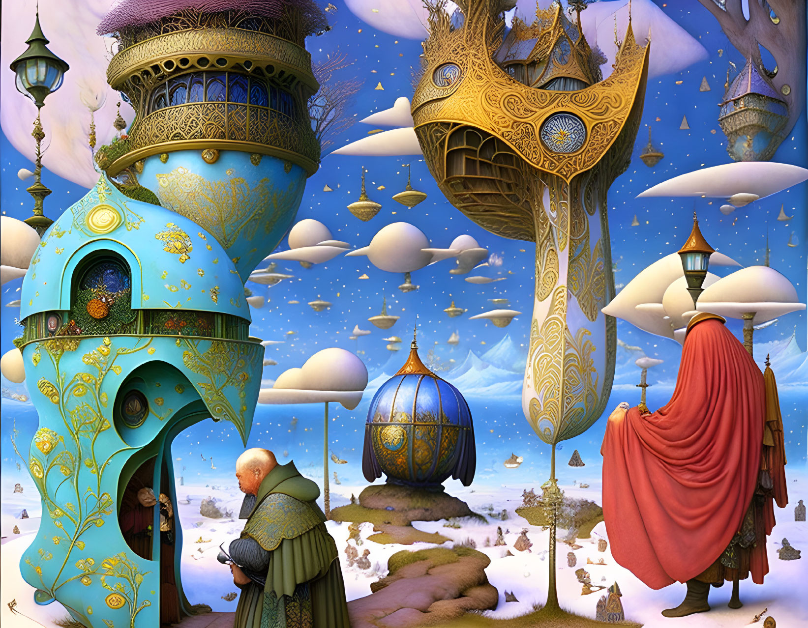 Fantastical landscape with floating buildings and airships