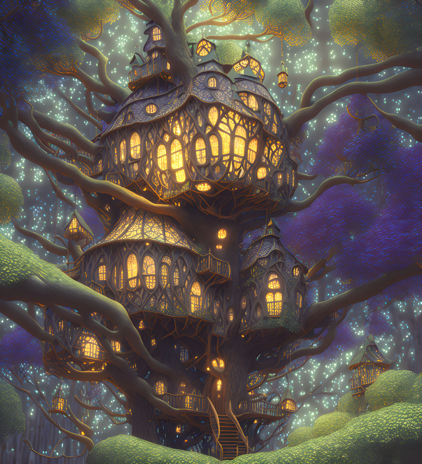 Enchanting treehouse with glowing windows in twilight forest