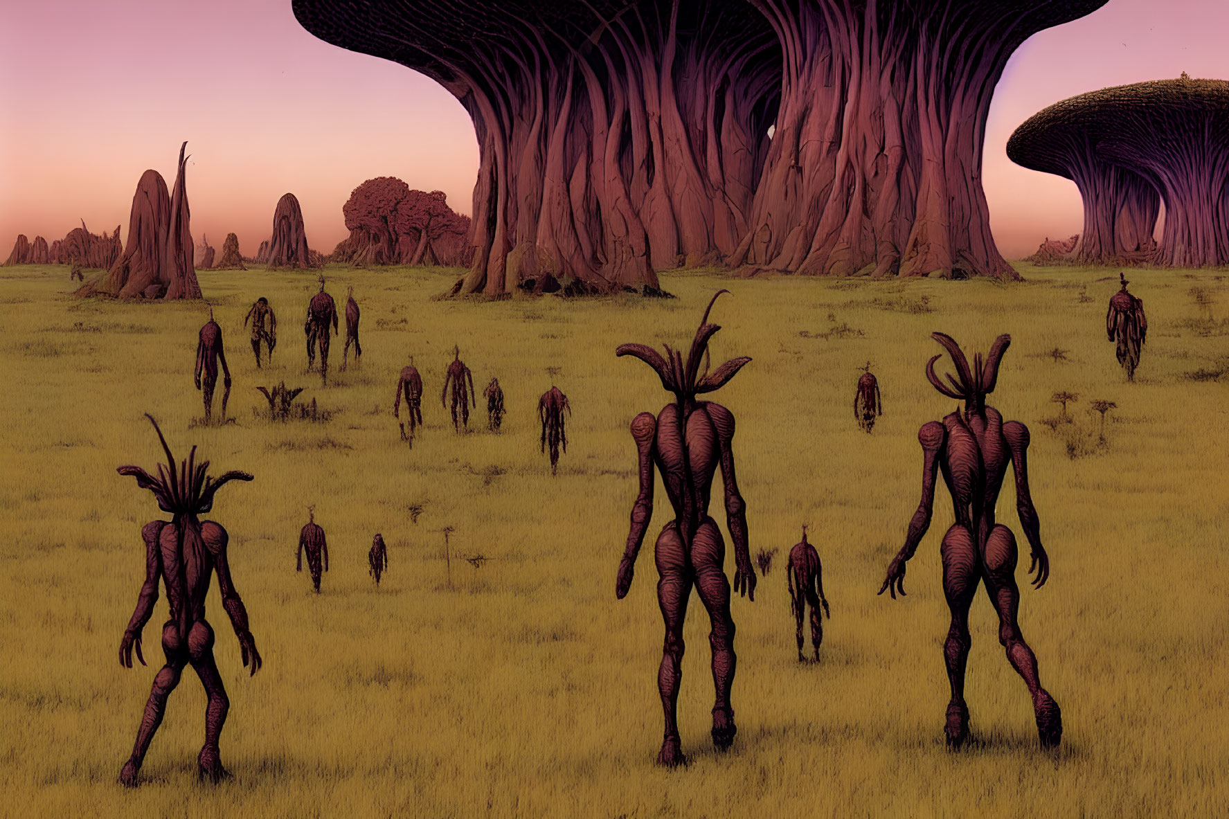 Elongated alien creatures in a surreal landscape with mushroom-like trees