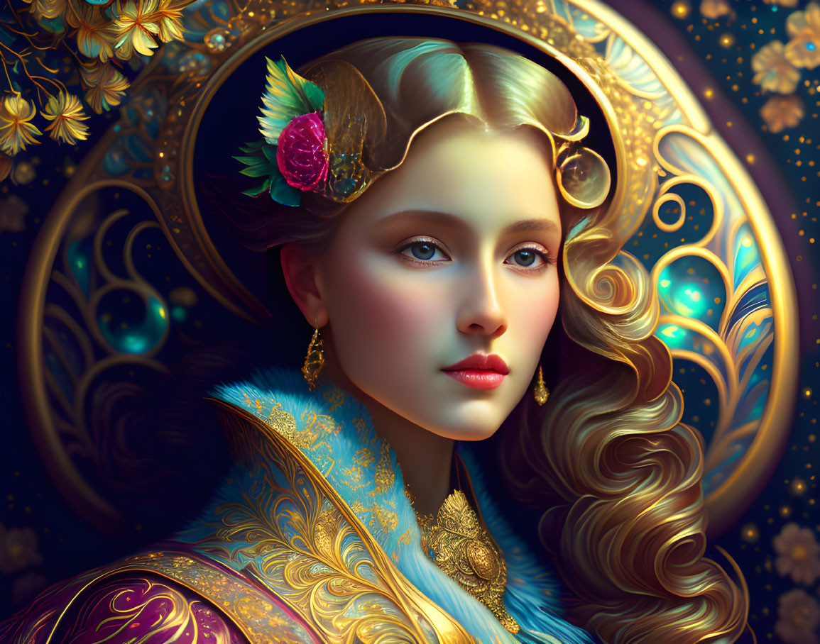 Digital artwork featuring woman in ornate golden headpiece and celestial background