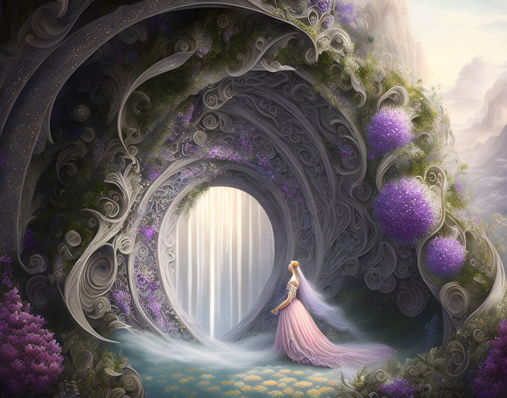 Pink-dressed woman at ornate circular gate with lush greenery and purple orbs