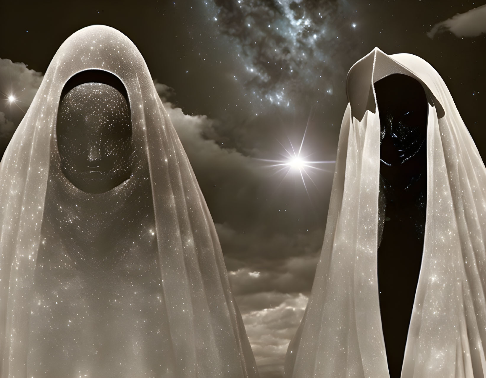 Ghostly figures under starry sky draped in white, one with void face.