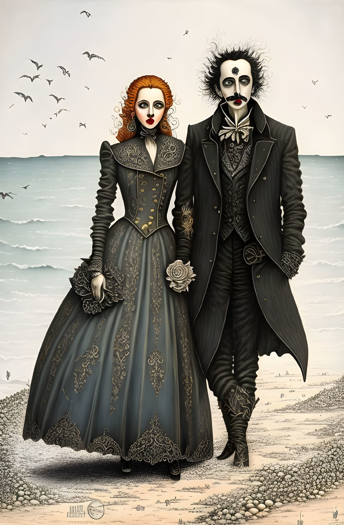 Gothic-styled couple on beach in ornate dress and dark suit