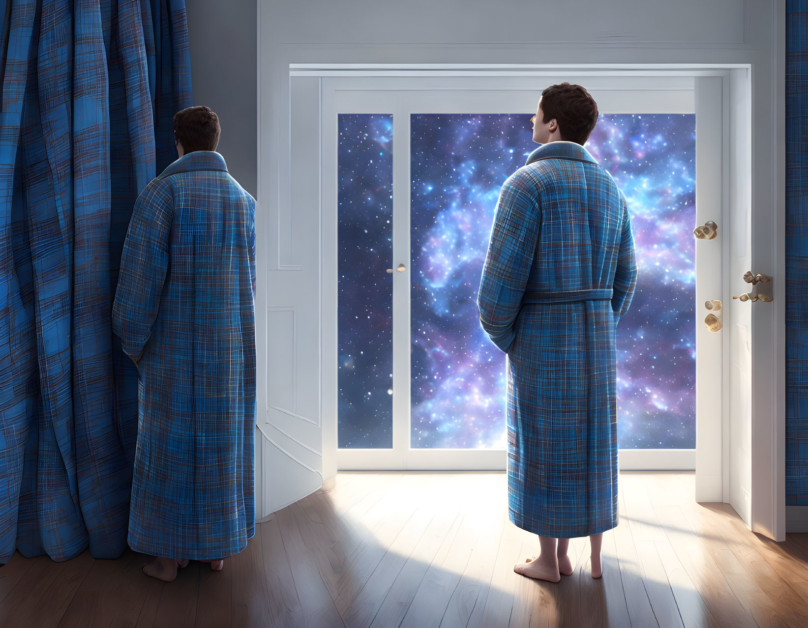 Person in plaid robe gazes at surreal outer space view